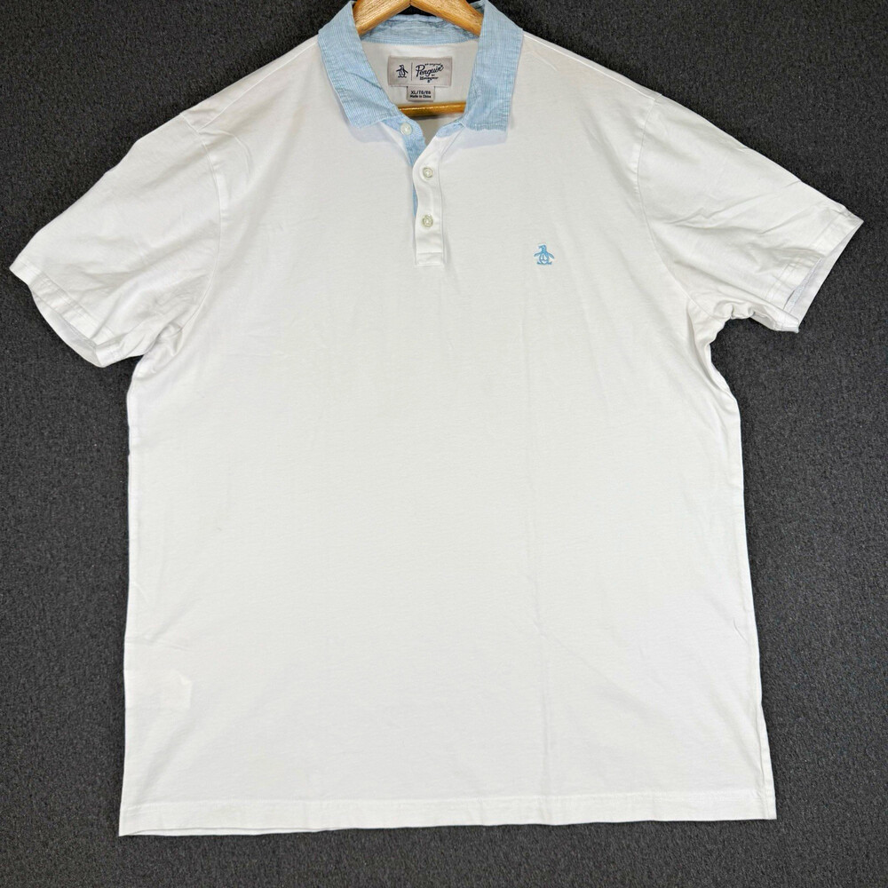 Original Penguin Mens XL White Polo Shirt Blue Striped Collar Short Sleeve Logo